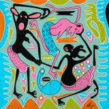 George Lilanga, Dancing Figures: No. 5 Turquoise, acrylic on canvasboard