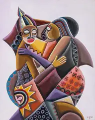 Robino Ntila, Hugging, acrylic on canvas