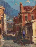 Walking In Town by Adriaan Boshoff, oil on board, sold Oct 2023