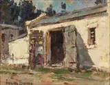 Two Figures By A House by Adriaan Boshoff, oil on board, sold Oct 2023