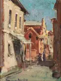 Town With Figures Strolling by Adriaan Boshoff, oil on board, sold Oct 2023