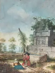William de Heer, Two Travellers Resting By A Fountain, gouache on vellum
