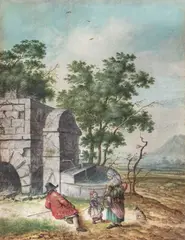 Three Travellers Resting By A Fountain by Willem de Heer, gouache on vellum, sold Dec 2023