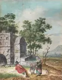 Willem de Heer, Three Travellers Resting By A Fountain, gouache on vellum