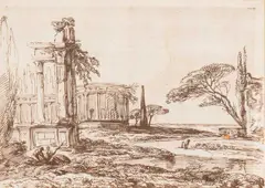 Landscape With Classical Ruins In The Foregound by Ferdinand Kobell, pen and brown ink on laid paper, sold Dec 2023