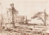Ferdinand von Kobell, Landscape With Classical Ruins In The Foregound, pen and brown ink on laid paper