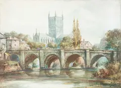 Cyril Hardy, Worcester Cathedral, watercolour heightened with bodycolour