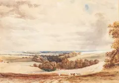 Thomas Francis Wainewright, Distant View Across A Wooded Valley, watercolour heightened with white