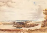 Thomas Francis Wainewright, Distant View Across A Wooded Valley, watercolour heightened with white
