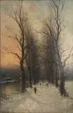 Niels H. Christiansen, Figures In The Snow; By The River - A Pair, oil on canvas each: