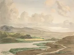 Randolph Schwabe, Mountainous Landscape With Lake, pencil and watercolour