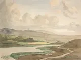 Randolph Schwabe, Mountainous Landscape With Lake, pencil and watercolour