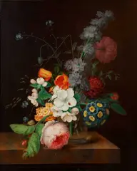 Georges Frédéric Ziesel, A Pair Of Still Life Paintings Each Depicting Summer Flowers In A Glass Vase On A Marble Ledge, One With A Bird's Nest, oil on panel each: