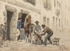 Mortimer Menpes, Shoeing The Pony, watercolour