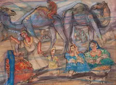 Ragheb Ayad, Orange Seller By A Camel Market, pen and ink and watercolour on paper image: