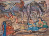 Ragheb Ayad, Orange Seller By A Camel Market, pen and ink and watercolour on paper image: