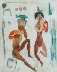 Hamid Nada, Adam With A Fish, Eve With A Bird, gouache on paper image: