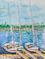 Usama Nashed, Sailing Boats By The Dock, watercolour and pen on paper image: