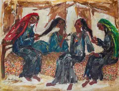 Tahia Halim, Nubian Women Braiding Hair, oil on canvas