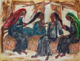 Tahia Halim, Nubian Women Braiding Hair, oil on canvas
