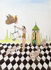 Abbès Saladi, Composition With Figures And Bird, gouache and pen and ink on paper image: