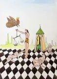 Abbès Saladi, Composition With Figures And Bird, gouache and pen and ink on paper image: