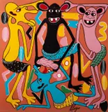 George Lilanga, Kwanza Ace Mtoto Kisha Nyie Mata Fwata, oil on board image:
