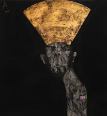 Sabhan Adam, Figure With Gold Hat, mixed media on canvas