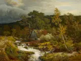 Andreas Achenbach, Hessische Wassermühle, Öl auf Holz