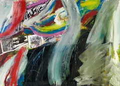Walter Stöhrer, Das Verlangen nicht aussagbar, und die Verzerrung nennt man persönlich R.D. Brinkmann, Mischtechnik und Collage auf Leinwand