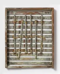 Ohne Titel (aus: Objects) by Herbert Zangs, Mischtechnik (Hölzernes Rahmengestell, Nägel und Hanfschnur, geweißt), sold Jun 2016