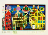 It hurts to wait with love if love is somewhere else by Friedensreich Hundertwasser, Farbserigrafie und Metallprägedruck auf SCHOELLER STERN (Trockenstempel), sold Jun 2016