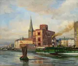 Die Jungfernfahrt des Raddampfers Bismarck auf dem Rhein vor der Altstadt von Düsseldorf by Fritz von Wille, Öl auf Leinwand, sold May 2016