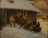 Marian Nowicki, Napoleon Riding in Sleigh, Oil on cardboard