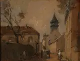 A Village Street Scene by French School, Oil on board, sold Aug 2018