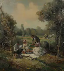 Ludwig Gschossman, Picnic in the Country, Oil on Canvas
