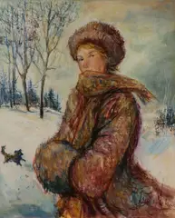 Jacque Lalande, Winter Stroll, Oil on Canvas