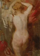 Hermann Torggler, Female Nude Undressing, Oil on canvas laid down