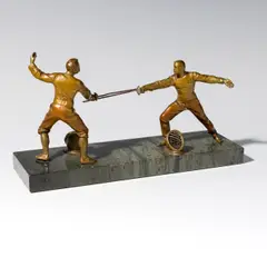 Franz Xaver Bergmann, Two fencers, bronze patinated, stone base; on the reverse each fencer marked with jug mark "B"