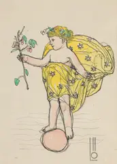 Bertold Löffler, Putto with rose branch, mixed media on paper; on the lower right monogram stamp "LÖ" and numbered "153"; framed