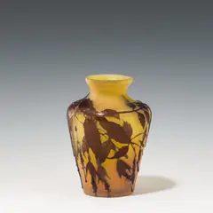 Small Vase "Fuchsia by Émile Gallé, colourless glass, yellow underlay, violet overlay, and etched in multiple stages; laterally etched signature "Gallé", sold Jun 2025