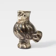 Chouette by Pablo Picasso, 1969, Ceramic pitcher. White clay, dark brown and black engobe, partially glazed and with incised decor; ceramic, Madoura edit, sold Jun 2026