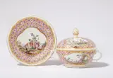 Porcelain Manufactory Frankenthal, A Frankenthal porcelain lidded tureen and lid on stand with rural motifs