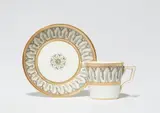 A KPM Berlin porcelain cup and saucer with acanthus borders by Königliche Porzellanmanufaktur Berlin Kpm, Model no. 1186. Blue sceptre mark, iron-red 5, gold dot, incised marks. The saucer with minor rim chips. Cup, sold Apr 2026