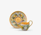 A KPM Berlin porcelain cup and saucer with daffodil wreaths by Königliche Porzellanmanufaktur Berlin Kpm, Model no. 1308 with gilt interior. Blue sceptre mark with enamel blue dash above, press marks. Minor wear to the gilding, sold Apr 2026