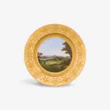 A KPM Berlin porcelain dessert plate with a view of Schwerin by Königliche Porzellanmanufaktur Berlin Kpm, Inscribed on verso "Schwerin von der Seite des Windmühlenberges". Blue sceptre mark with red enamel dash, painter's mark, sold Apr 2026