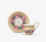 A KPM Berlin porcelain cup and saucer with rose and forget-me-not wreaths by Königliche Porzellanmanufaktur Berlin Kpm, Model no. 755. Blue sceptre mark with enamel blue dash above, painter's marks, press marks. Cup, sold Apr 2026