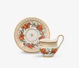 A KPM Berlin porcelain cup and saucer with pale red carnation wreaths by Königliche Porzellanmanufaktur Berlin Kpm, Model no. 755. Blue sceptre mark, enamel blue dash above, painter's and press marks. Cup, sold Apr 2026