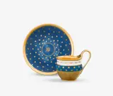 Königliche Porzellanmanufaktur Berlin Kpm, A KPM Berlin porcelain cup and saucer with starry night decor, Model no. 755. Blue sceptre mark, an enamel blue dash below, various painter’s and press marks. A glaze crack to the saucer, some wear. Cup
