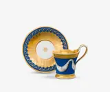 A KPM Berlin porcelain cup and saucer with grisaille fruit festoons by Königliche Porzellanmanufaktur Berlin Kpm, "Konisch" model with associated saucer. Blue sceptre mark with enamel blue / red dash, painter's marks, press numbers. C, sold Apr 2026